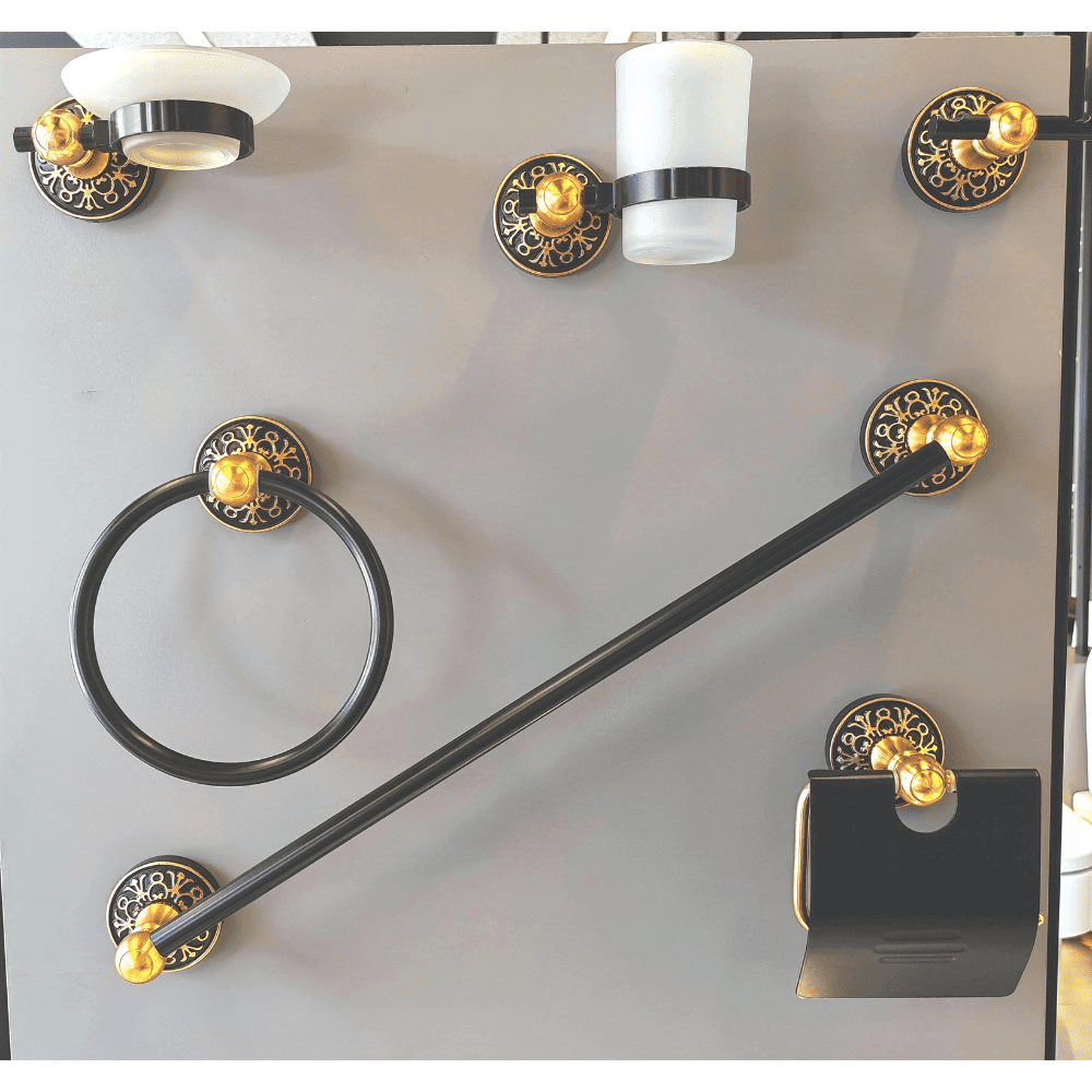 طقم اكسسوارات حمام 6 قطع أسود مزخرف فندقي فاخر X0001GB (3) طقم اكسسوارات حمام 6 قطع أسود مزخرف فندقي فاخر X0001GB