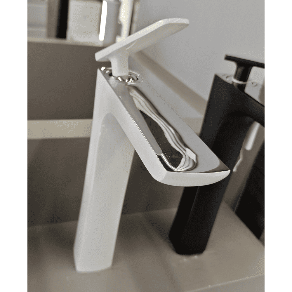 خلاط مرتفع أبيض مع يد كروم لامع 1f01800 (2) خلاط مرتفع أبيض مع يد كروم لامع